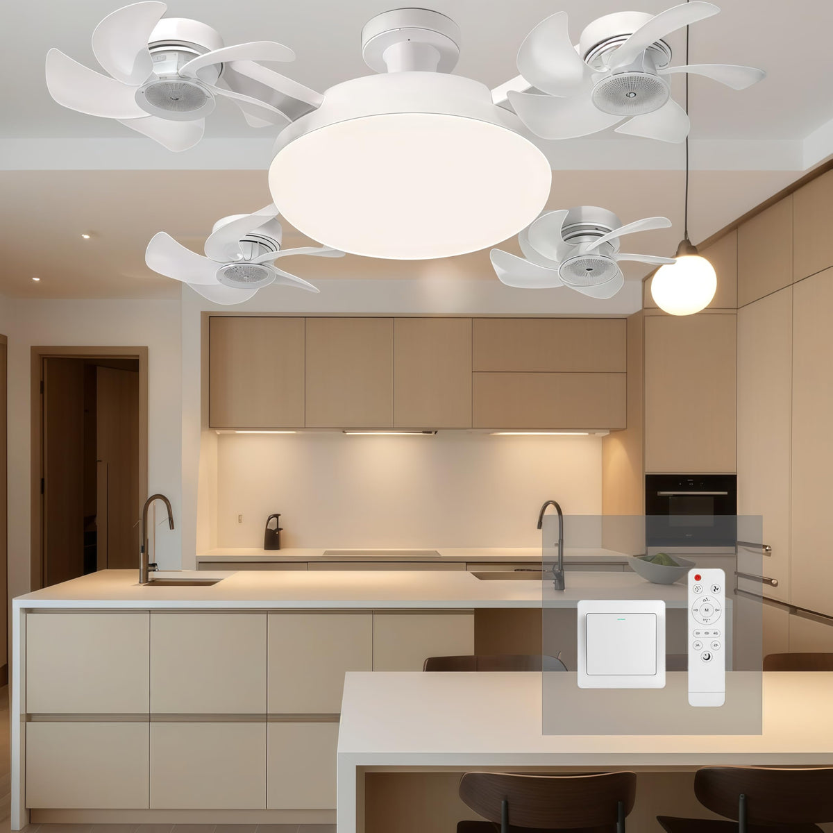 Socket Fan Light with Remote Control, E27 Screw-in, 3 Color Temperatures, 3 Wind Speeds, 4 Head, Dimmable Ceiling Fan Bulb (White, 4-Head)