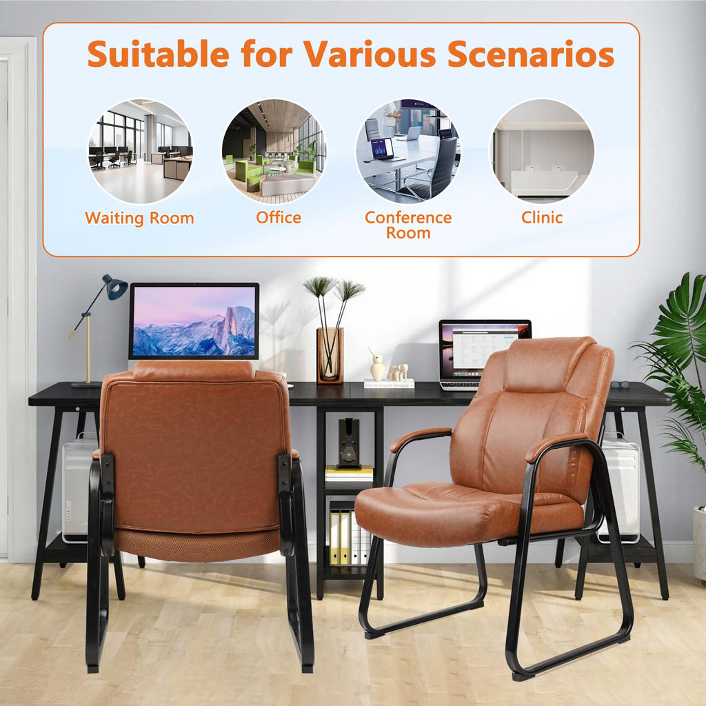 Clatina Big and Tall Office Chair Set of 4 500lbs Leather Reception Chair with Bonded Padded Armrest Wide Seat Sled Base Desk Chair No Wheels