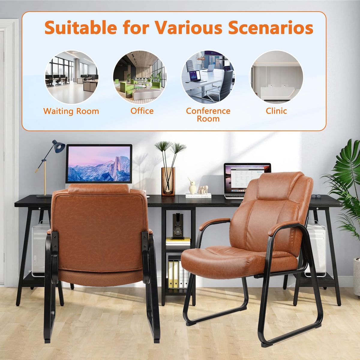 Clatina Big and Tall Office Chair Set of 4 500lbs Leather Reception Chair with Bonded Padded Armrest Wide Seat Sled Base Desk Chair No Wheels