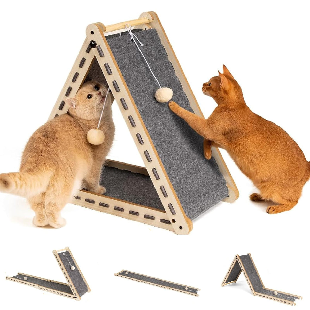 Cat Scratcher with Ball Toy Foldable Cat Scratch Pad Felt Triangle Scratchers for Indoor Cats Large Cat Scratching Board Mat Cats Scratch Furniture Protector Kitten Toys Grey