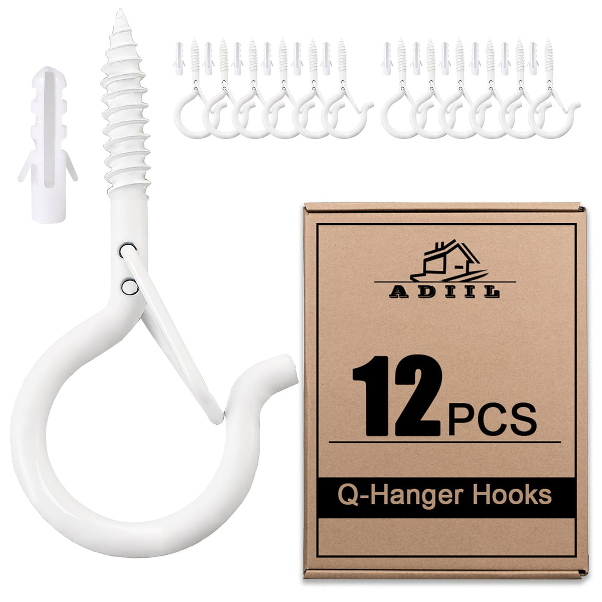 ADIIL 12 PCS Q Hanger Hooks with Safety Buckle, Windproof Screw Hooks for Hanging Outdoor String Lights, Plants, Christmas Patio Lights, 2.2 Inches, White