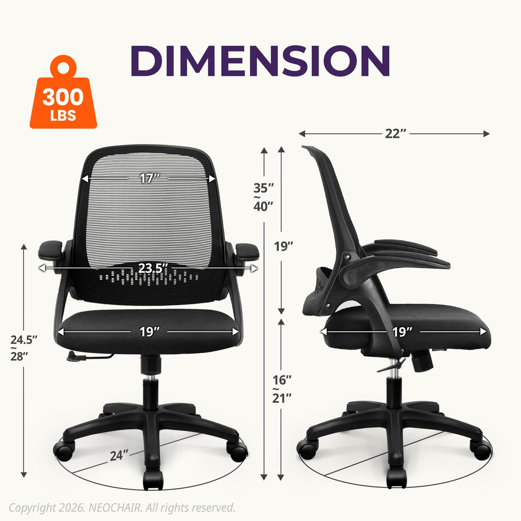 Neo Chair Office Desk Chair, Ergonomic Mesh with Flip-up Arms, All Black, Medium