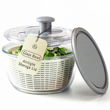 Le'raze Glass Salad Spinner with Airtight Lid - BPA-Free - Easy Pump Lettuce Spinner Washer | Fruit Washing Bowl with Strainer | Vegetable Cleaner | Large Capacity Borosilicate Glass, 6.22 Quart