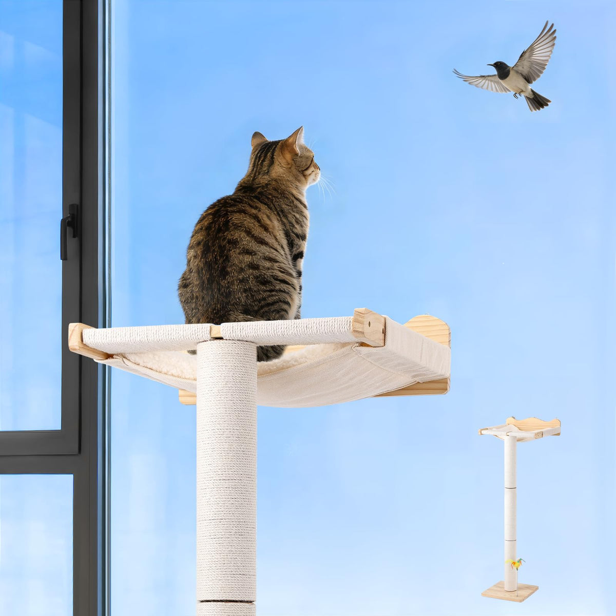 Keaber Cat Scratching Post with Window Perch, 44 Inch Adjustable Tall Sisal Rope Scratching Post for Large Cats, Suction Cup Cat Window Hammock Perch for Bird Watching, Climbing, Sleeping, Beige