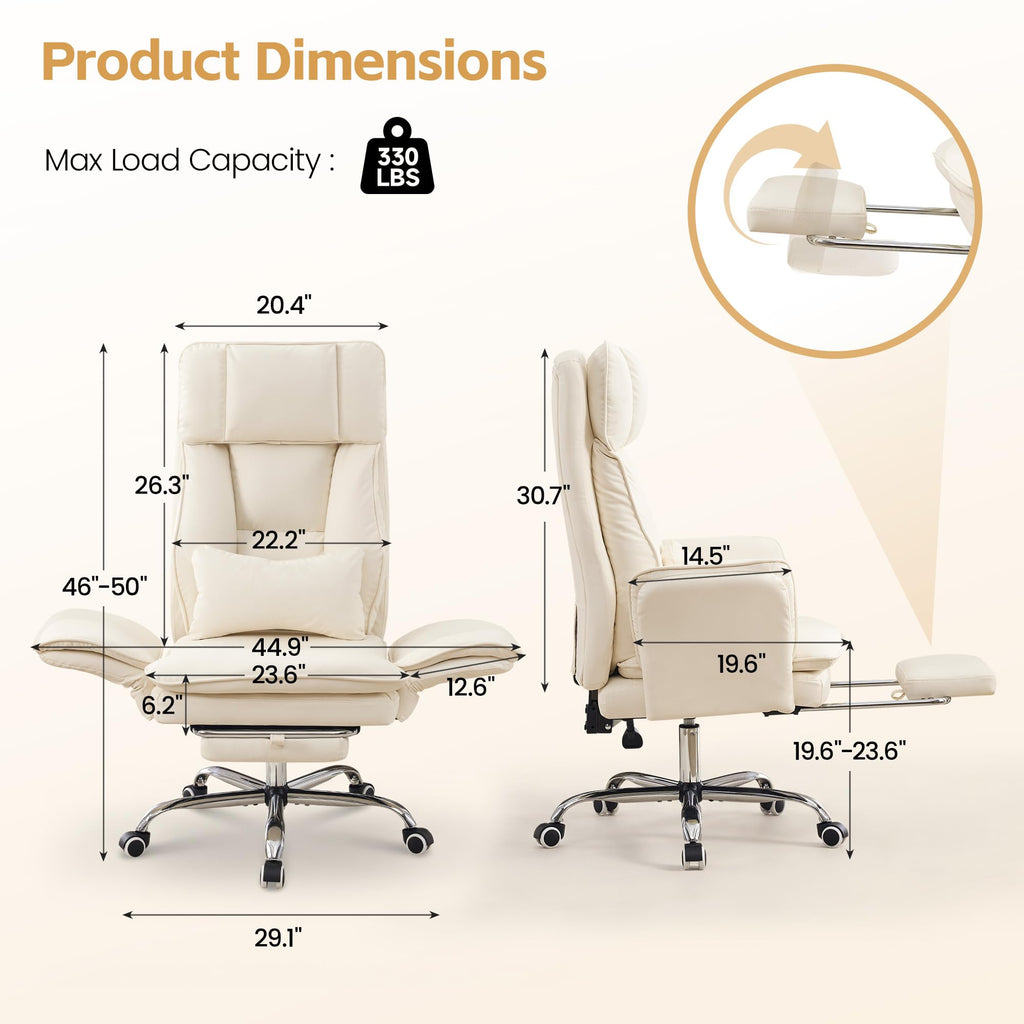 Big and Tall Office Chair, Footrest & Flip Armrest for Pets, Pu Beige, PU Leather