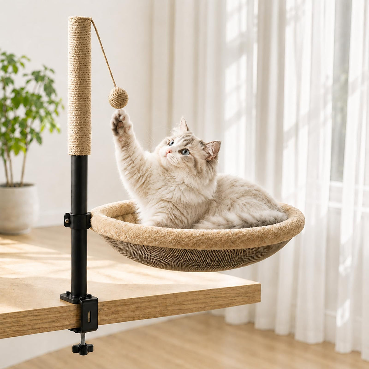 Cat Desk Bed with Scratching Post - Adjustable Height & 360° Rotation, Reversible Machine Washable Cover, Space-Saving Clamp-On Design for Office Desks, Sturdy Support for Indoor Cats (Camel)