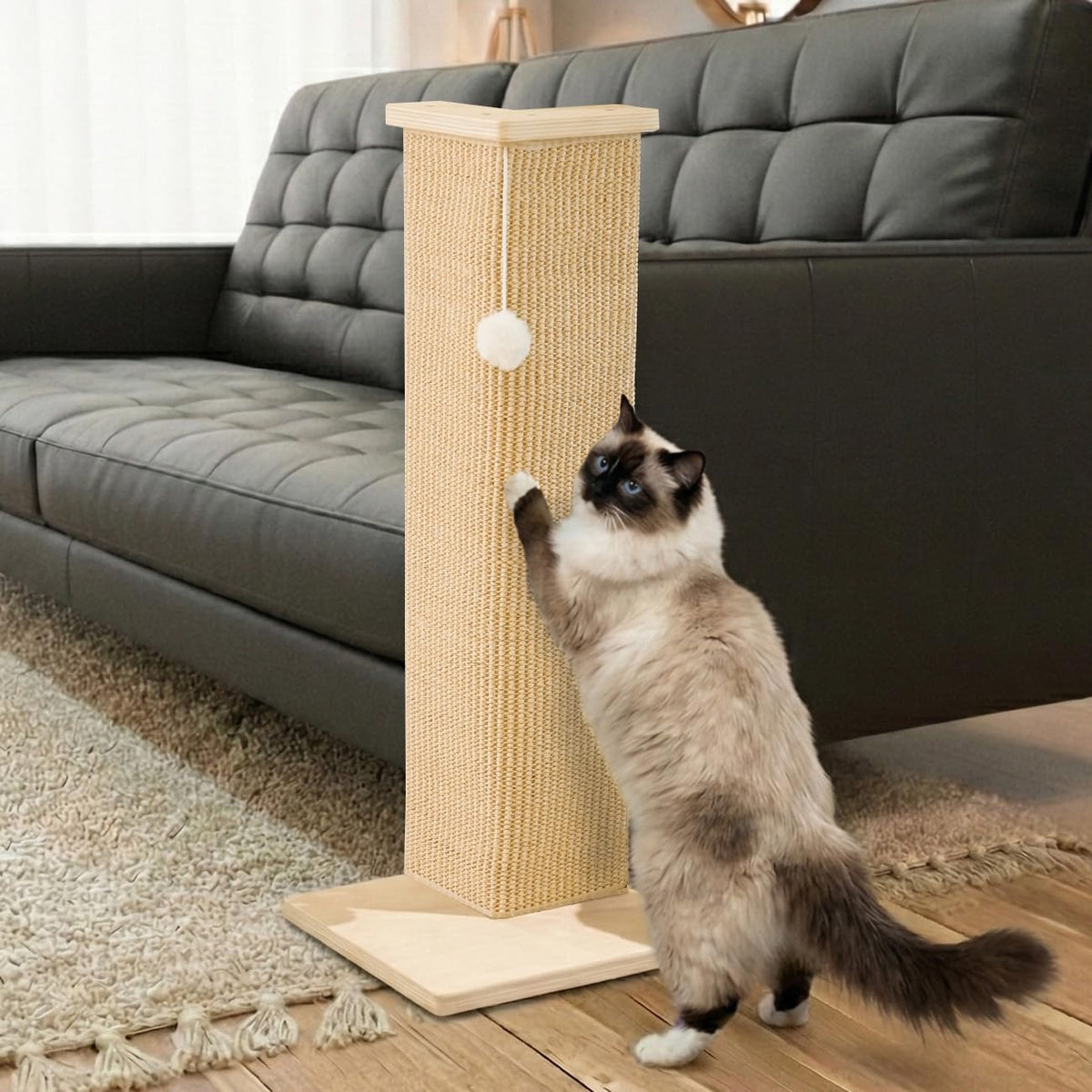 PETKARAY Couch Corner Cat Scratcher, 28'' Corner Scratching Post Cat Wall Scratcher, Sisal Scratch Pad for Sofa, Wall Furniture Protector with Toy Ball