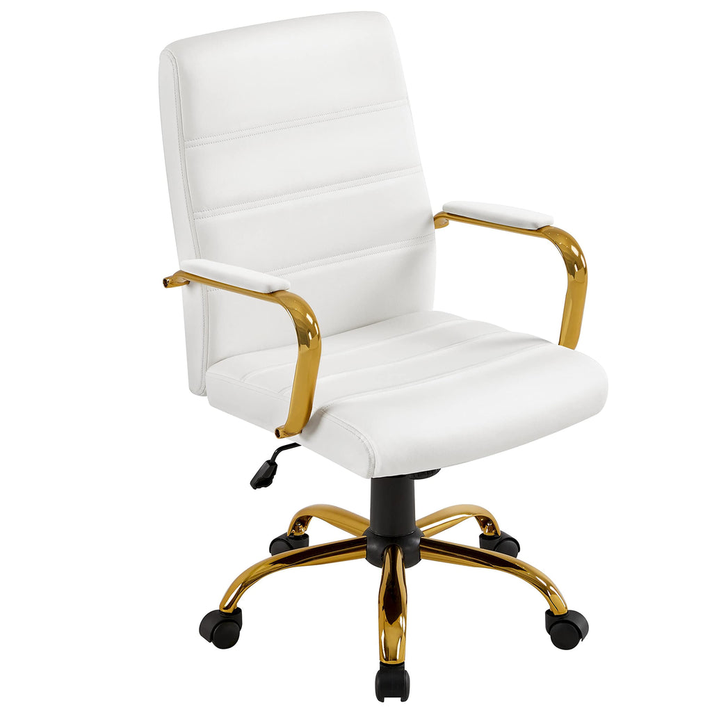 Yaheetech White and Gold Office Chair Mid Back Pu Leather Rocking Desk Seat, 24? W × 25? D × (38-41.5)? H