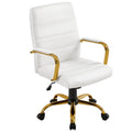 Yaheetech White and Gold Office Chair Mid Back Pu Leather Rocking Desk Seat, 24? W × 25? D × (38-41.5)? H