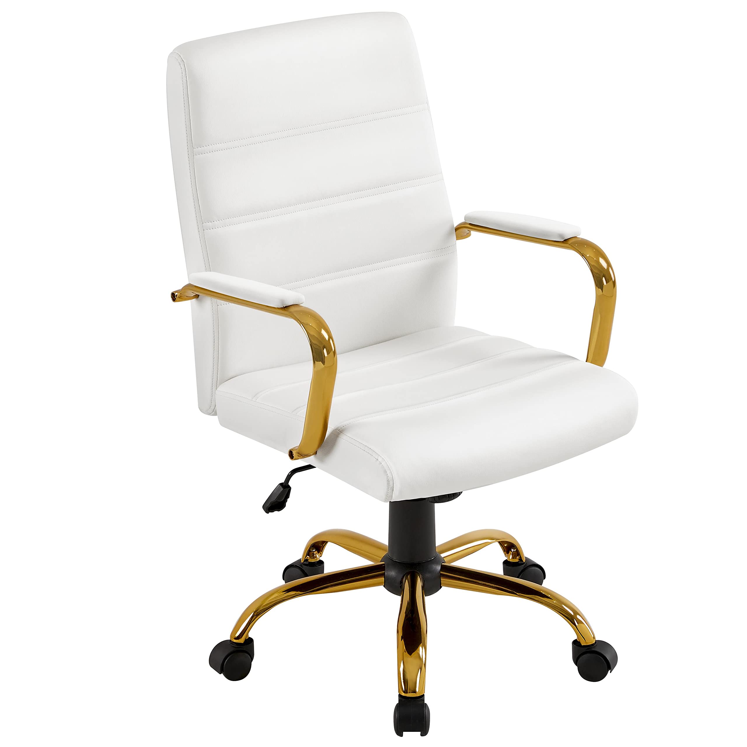 Yaheetech White and Gold Office Chair Mid Back Pu Leather Rocking Desk Seat, 24? W × 25? D × (38-41.5)? H