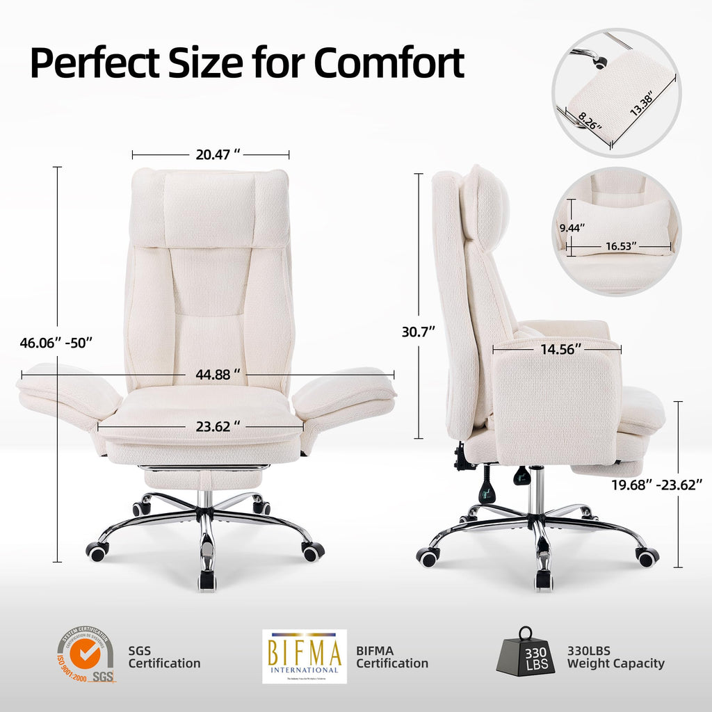 Big and Tall Cross Legged Office Chair with Flip Armrests and Foot Rest, oversized, Off-white