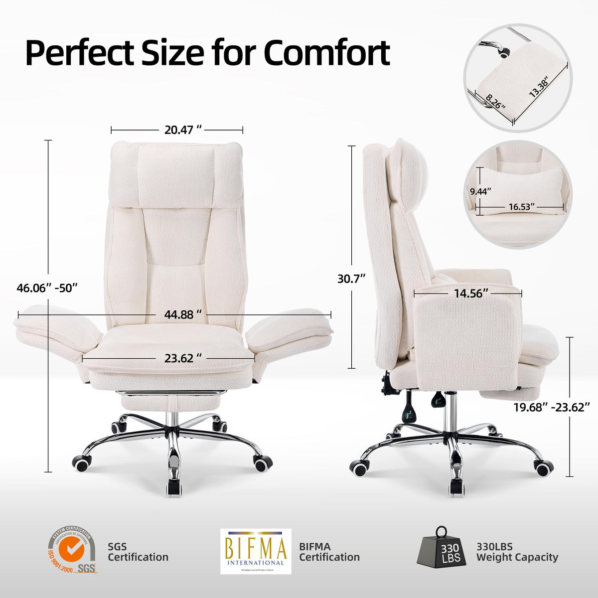 Big and Tall Cross Legged Office Chair with Flip Armrests and Foot Rest, oversized, Off-white
