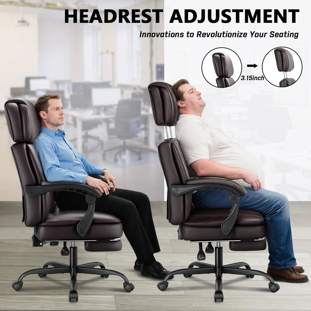 400lbs Executive Office Chair with Foot Rest for Heavy People, Ergonomic Big and Tall Desk Chair with Adjustable Headrest, High Back Pu Leather