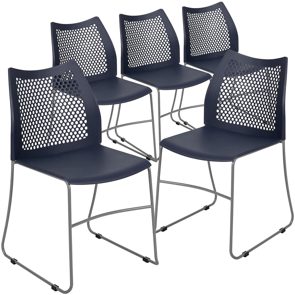 Flash Furniture Hercules Series Contoured Lobby Chairs with Air-vent Honeycomb Backs, Ergonomic Stacking Chairs for Offices, Set of 5, Navy