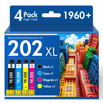 Remanufactured Replacement for 202XL WF-2860 Ink Cartridges Multipack | Compatible for 202XL for Epson Printer WF-2860 WF2860 WF 2860 Expression Home XP-5100 XP5100 XP 5100 (4 Pack B/C/M/Y)