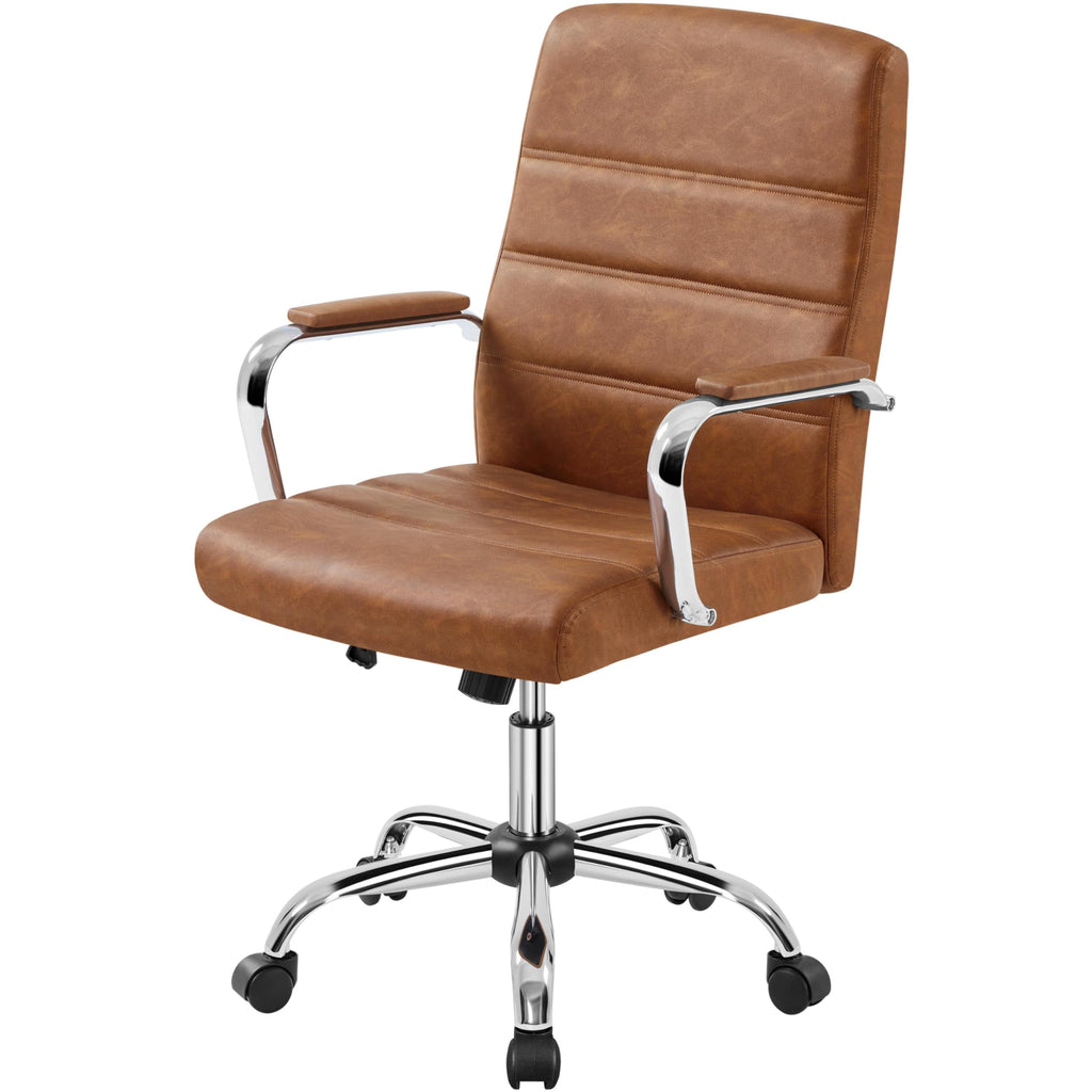 Yaheetech Retro Brown Office Chair Pu Leather Rocking Desk Seat with Arms, 24? W × 25? D × (38-41.5)? H