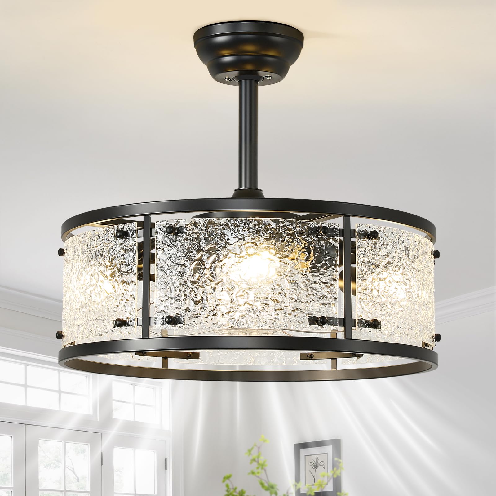AIJIASI 20" Caged Ceiling Fans with Lights, Black Fandelier Ceiling Fan with Light Remote Control, Low Profile Mid Century Chandelier Ceiling Fan with 6 Speeds for Bedroom, Nursery, Living Room