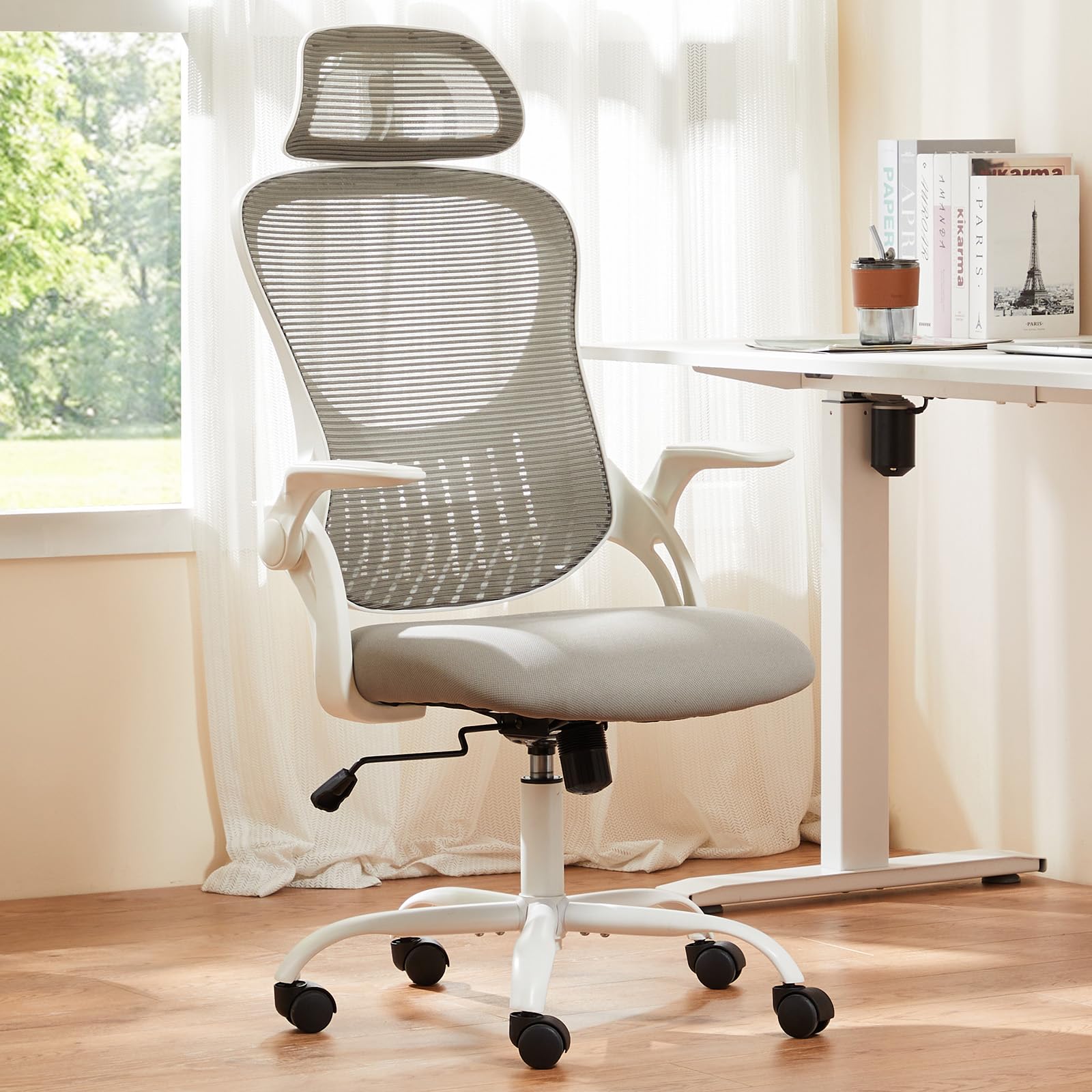 Sweetcrispy Home Office Managerial Executive Chair, High-back Mesh with Adjustable Headrest, Flip-up Armrest Comfortable Lumbar Support, Comfy