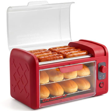 Elite Gourmet 8-Hot Dog Roller/Toaster Oven, 5 Rollers, Auto Shut-Off, Red