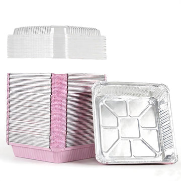Keesnovex (40 Pack) 8x8 Square Aluminum Baking Cake Pans with Clear Lids - Pink Foil Pans with Lids - Disposable Food Containers Great for Cooking, Heating, Storing, Prepping Food