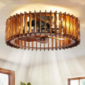 20" Flush Mount Ceiling Fan with Light, Wooden Caged Low Profile Fandelier with Remote, 6-Speed Reversible Bladeless Fan, Farmhouse Ceiling Fan for Bedroom, Kitchen, Living Room