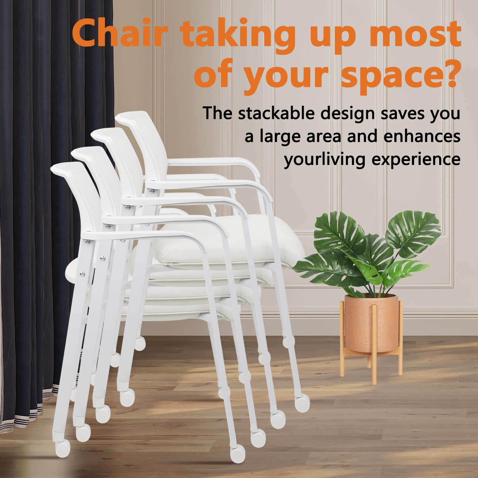 Clatina Stacking Office Chairs with Wheels | Mesh Back, Thicken Leather Seat and Streamline Armrests, Ergonomic Lumber Support | School, Desk,
