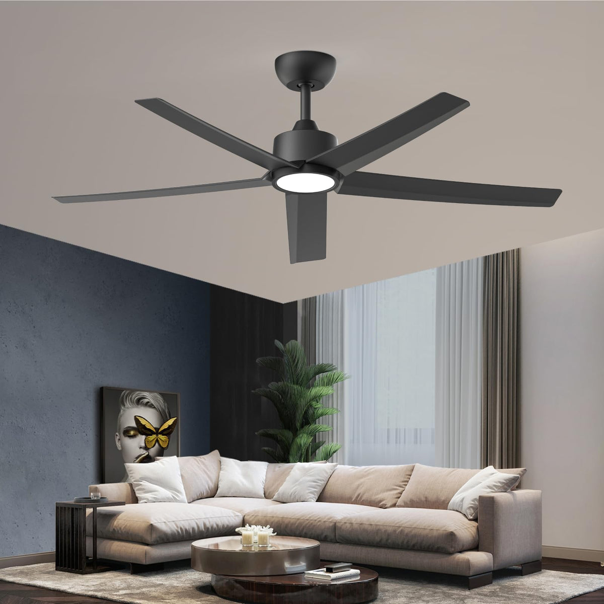 ocioc Ceiling Fans with Lights and Remote, 52 inch Black Ceiling Fan with Light, Dimmable, Quiet Reversible DC Motor, 5 Blades Modern Ceiling Fan for Bedroom, Living Room, Farmhouse