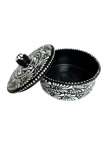 Talavera Tortilla Warmer – 9 x 4 Inch Hand-Painted Black and White Mexican Pottery with Lid – Authentic Kitchen Decor & Food Storage