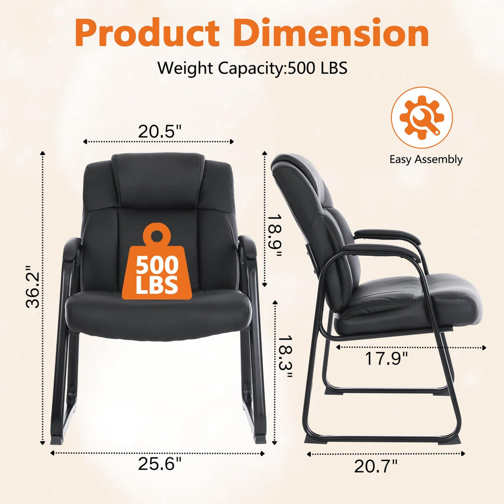 Clatina Big and Tall Office Chair Set of 4 500lbs Leather Reception Chair with Bonded Padded Armrest Wide Seat Sled Base Desk Chair No Wheels