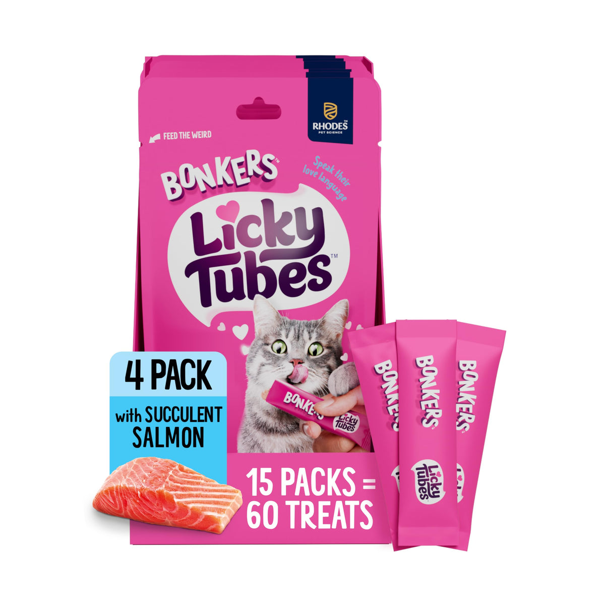 Bonkers Licky Tubes Salmon Flavored Wet Lickable Treats for Cats, 4 Pack (Pack of 15)