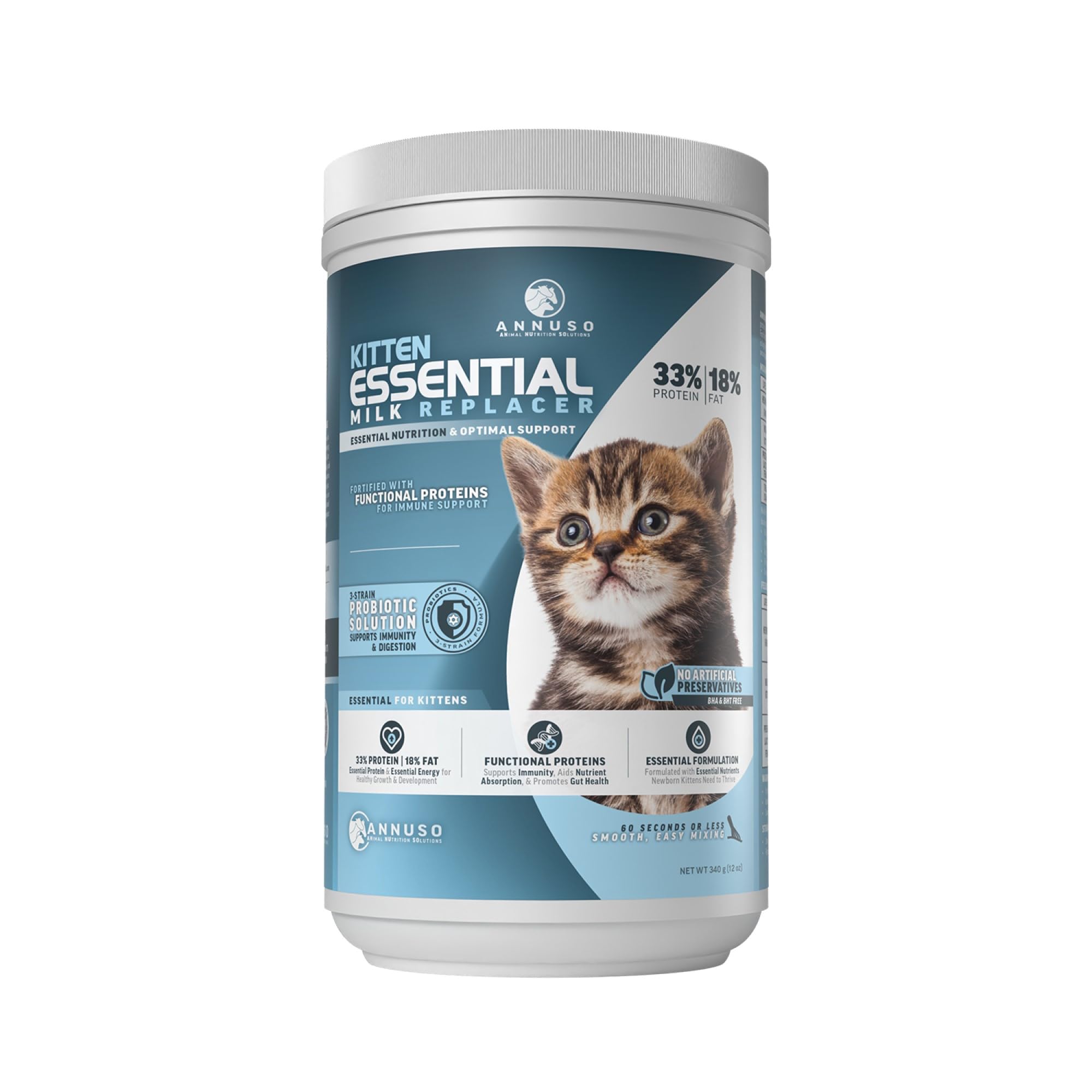 ANNUSO Kitten Essential Milk Replacer, 12oz - 33% Protein & 18% Fat - Complete Nutrition with Probiotics and Key Nutrients, Supports Immunity & Digestion - Easy-Mix Powder