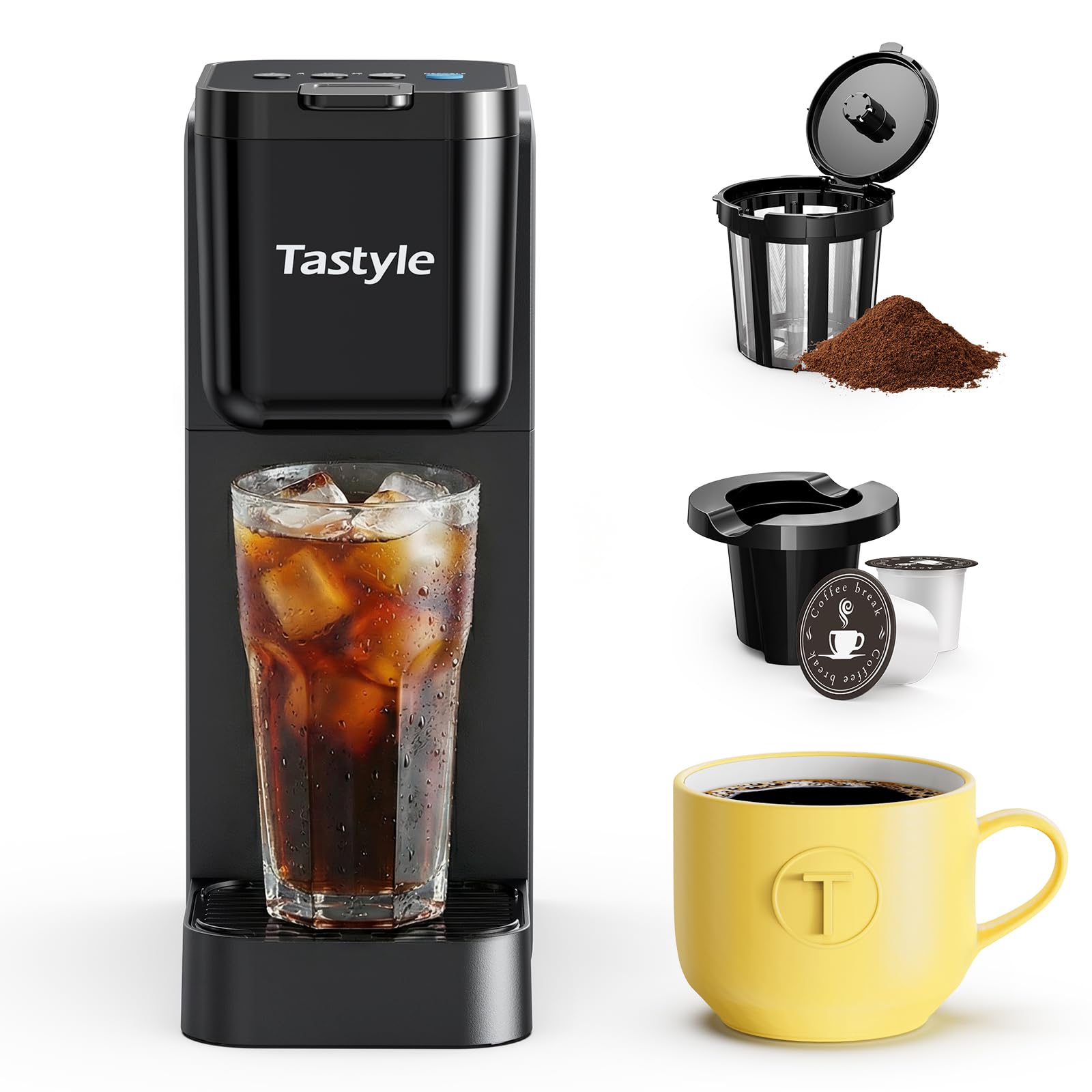 Tastyle Single Serve Coffee Maker for K Cup and Ground Coffee | Brew up to 16 Oz, Fits 7.3'' Travel Mug | Hot, Bold & Over Ice | Compact for Office, RV& Hotel, Classic Black (3.0 Version)