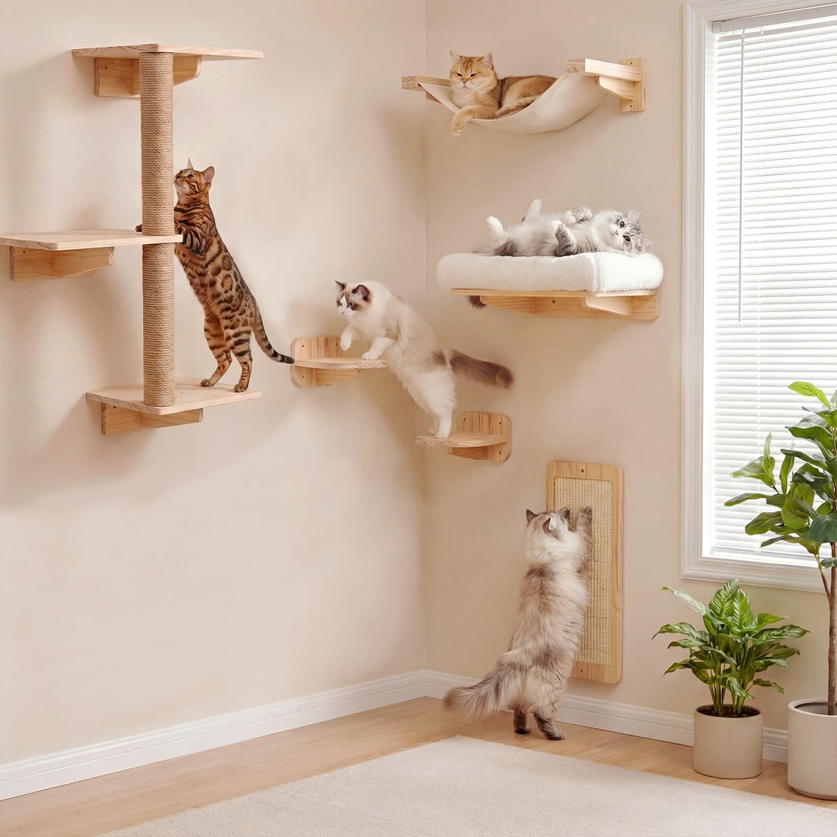 Cat Wall Shelves 6-in-1 Cat Wall Furniture Set for Large Cats, Floating Wall Mounted Cat Climber with Steps, Hammock, Scratch Pad and Scratching Post, Space Saving Cat Shelves for Indoor Cats