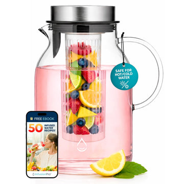 Infusion Pro Glass Fruit Infuser Water Pitcher, Heat Resistant for Hot/Cold Use, Great Iced Tea Pitcher | Tranquil Collection, 2 Qt