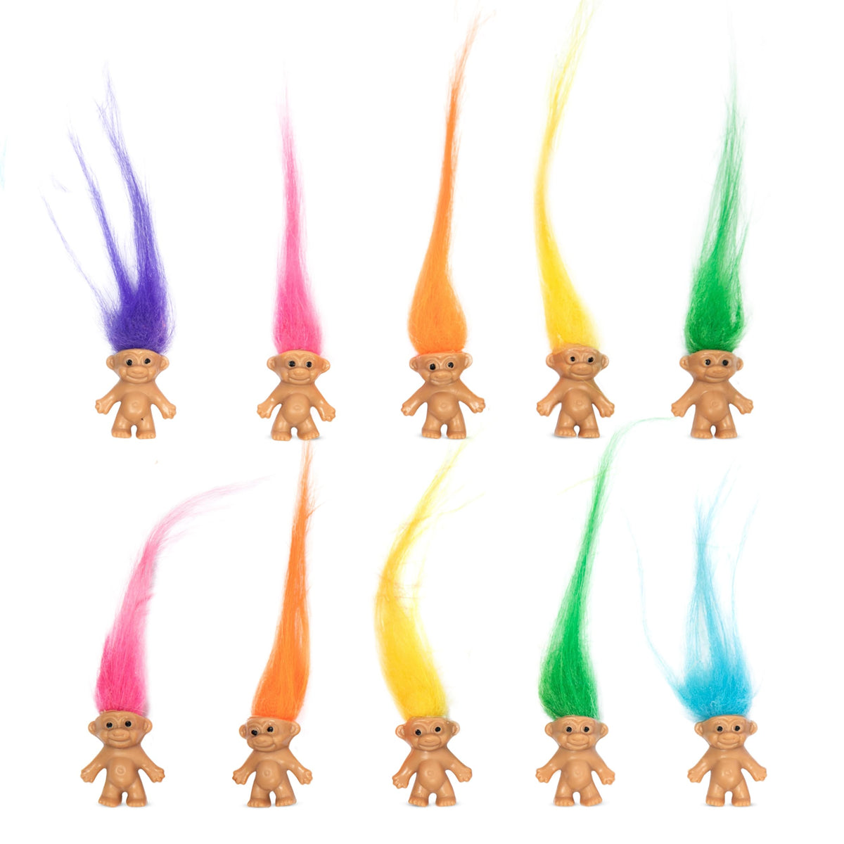 10 PCS Long-haired Lucky Mini Troll Dolls, Assorted Hair Colors, 0.78" Bodies, 2" Hair. Cake Toppers, Action Figures, School Project, Arts and Crafts, Party Favors
