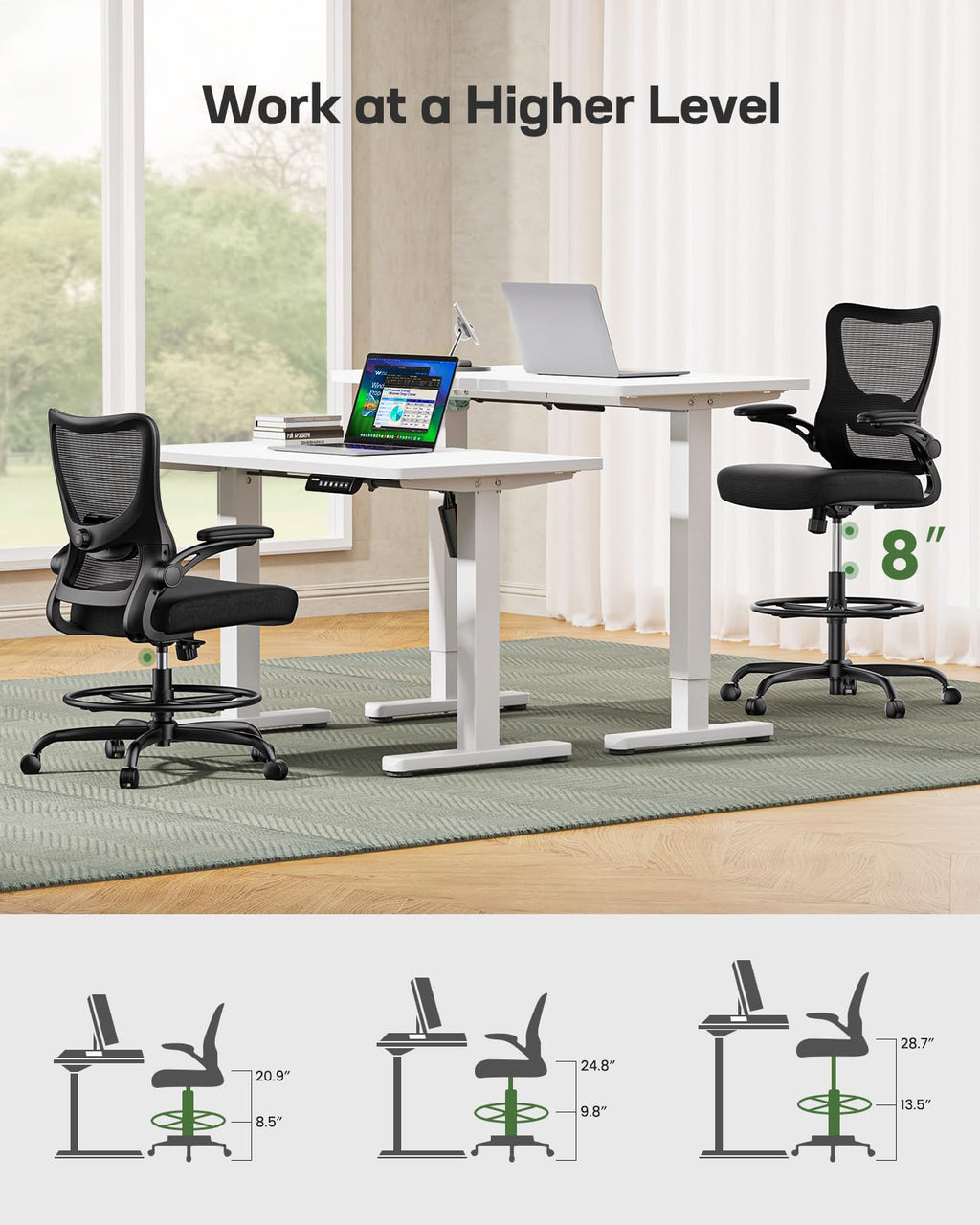 Marsail Drafting Chair, Tall Office Chair with 2d Lumbar Support, Standing Desk Chair with Padded Flip-up Armrests & Adjustable Footrest Ring,
