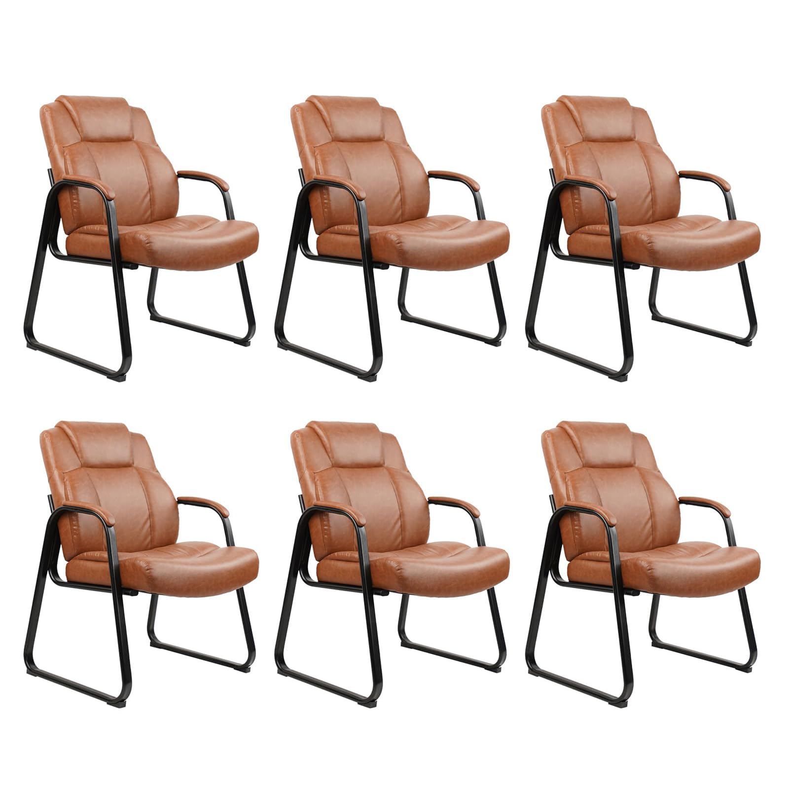 Clatina Big and Tall Office Chair Set of 6 500lbs Leather Reception Chair with Bonded Padded Armrest Wide Seat Sled Base Desk Chair No Wheels