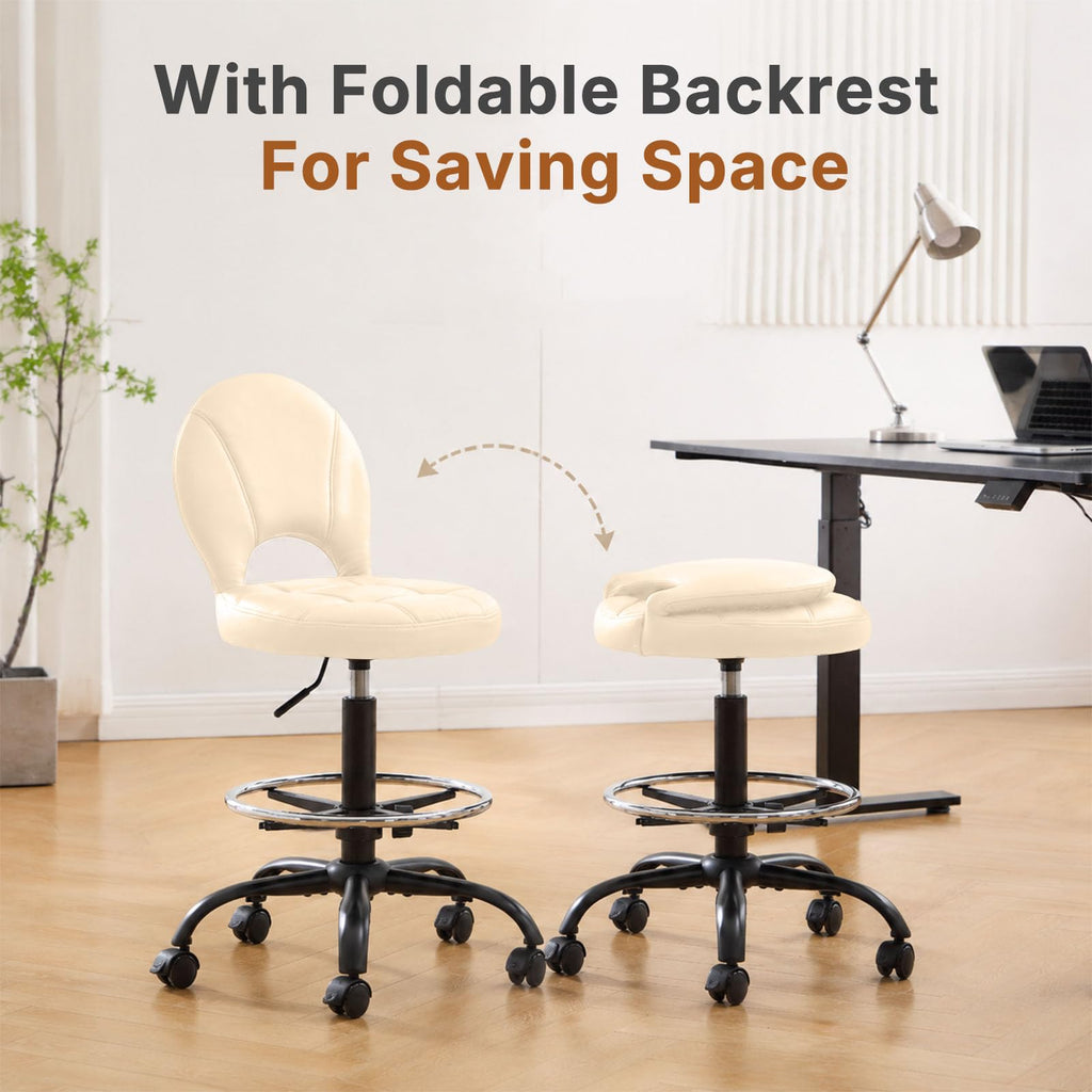 Manyday Drafting Chair with Folding Back | Comfy Office Chair with Wheels, Beige