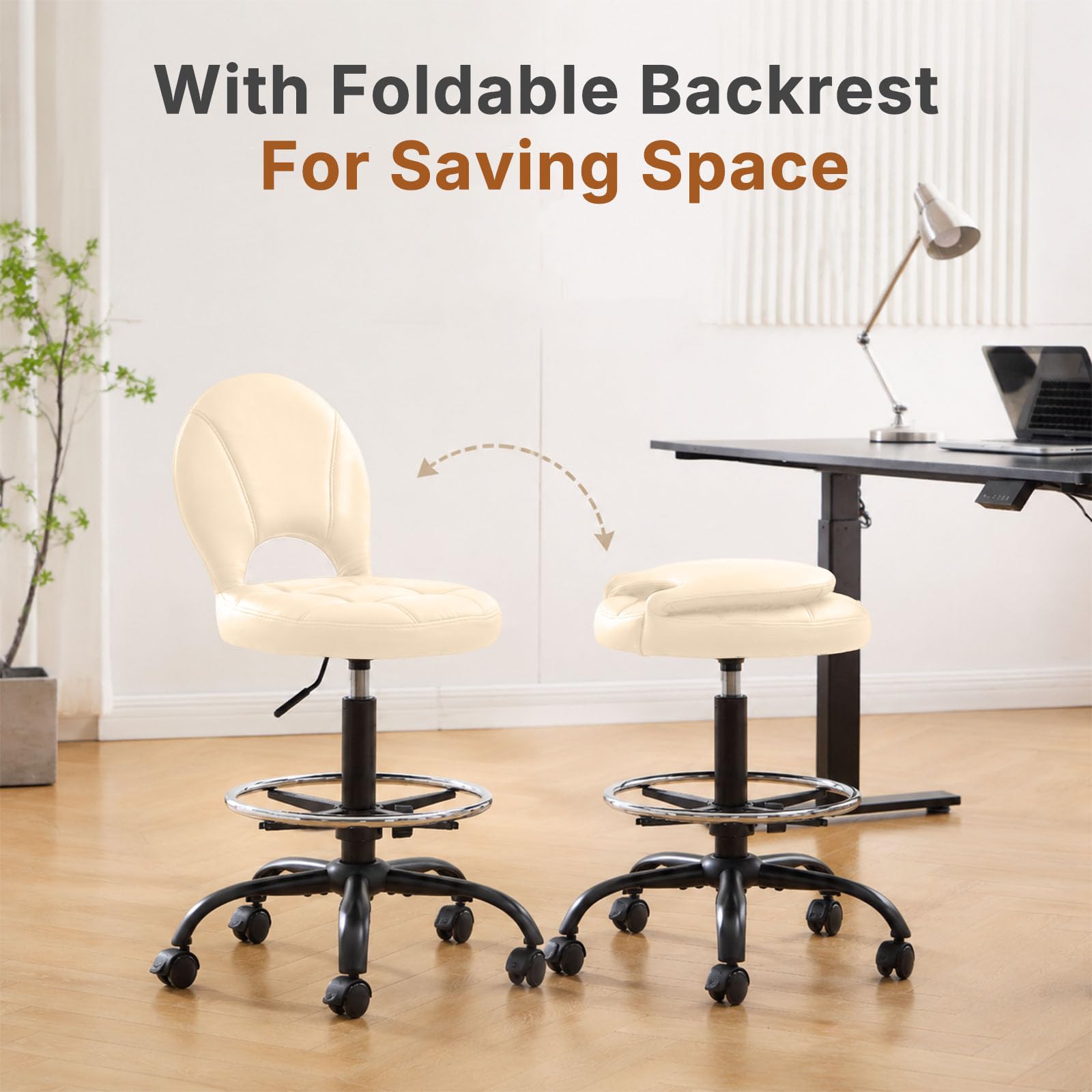 Manyday Drafting Chair with Folding Back | Comfy Office Chair with Wheels, Beige