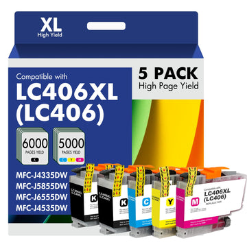 LC406 LC406XL Ink Cartridges for Brother Printer for Brother LC406 Ink Cartridges MFC-J4335DW MFC-J5855DW MFC-J6555DW MFC-J4535DW MFC-J6955DW (5Pack -2Black Cyan Magenta Yellow)