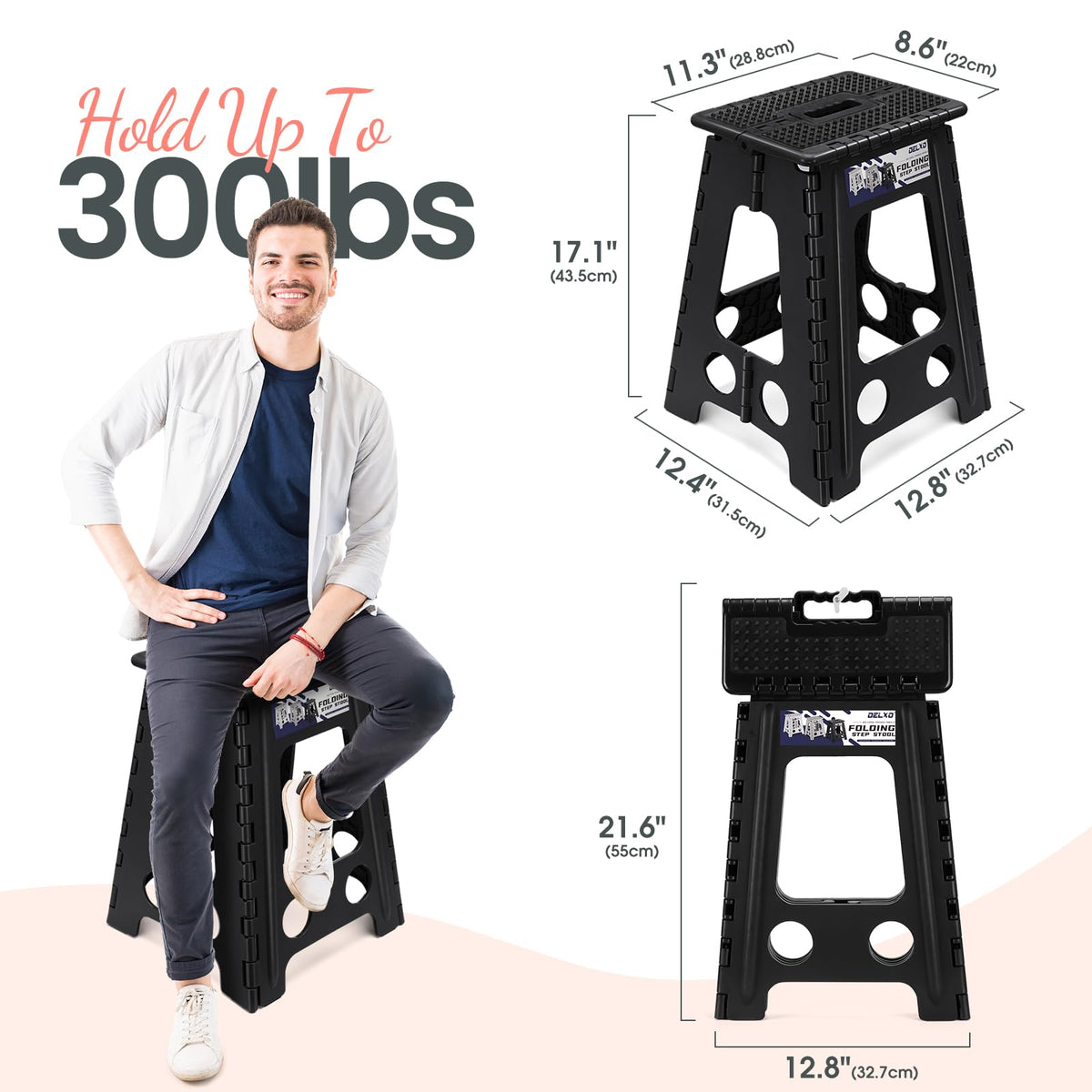 Delxo 17.5 Inch Folding Step Stool,foldable Step Stool for Adults Black Dot, Dot Black