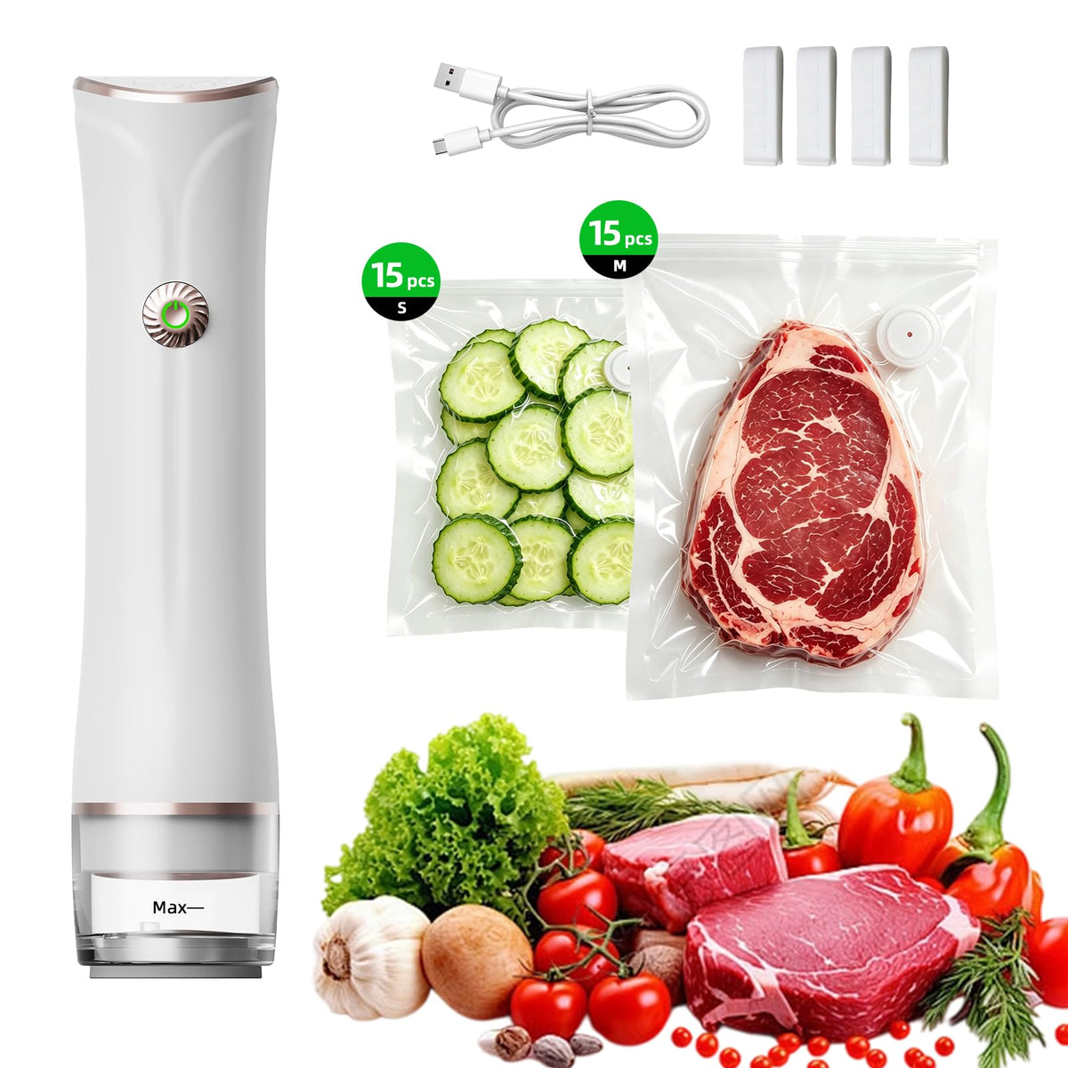 Rechargeable Portable Food Vacuum Sealer with 30Pcs Vaccum Bags | 60kPa Suction Reusable Storage Bags Meal Pre Machine Kitchen Tools Compact Handheld Bag Sealer Machine for Camping Travel