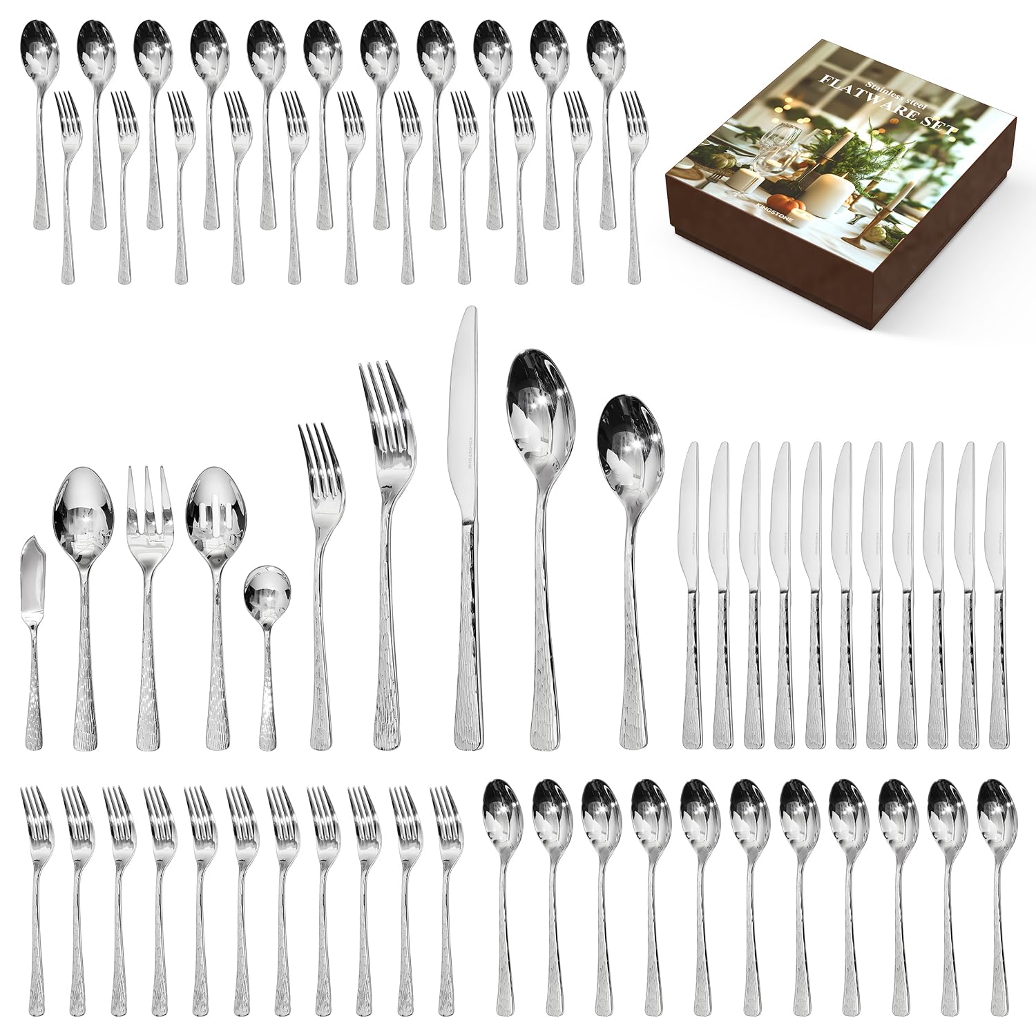 Hammered Silverware Set, Flatware Set with Serving Utensils, 18/10 Stainless Steel Premium Cutlery with Unique Ripple Handles Design Mirror Polished - Dishwasher Safe (65-Piece)