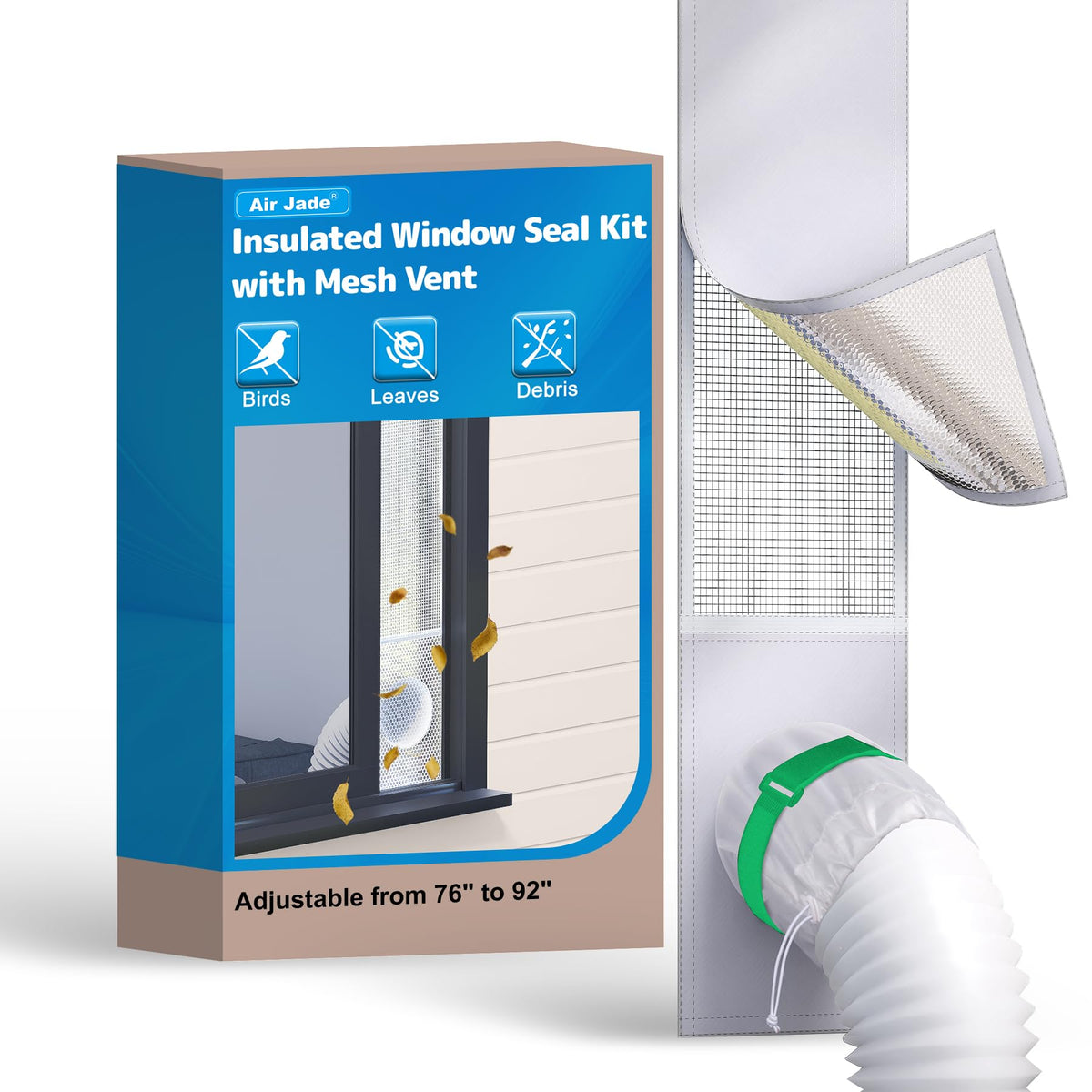 Air Jade Portable Air Conditioner Sliding Door Vent Kit, Insulated Sliding Door AC Vent Kit with Mesh Vent, Adjustable Door Seal Kit from 76" to 92", Fits 4", 5" and 5.9" Duct & Hose, with Leaf Guard
