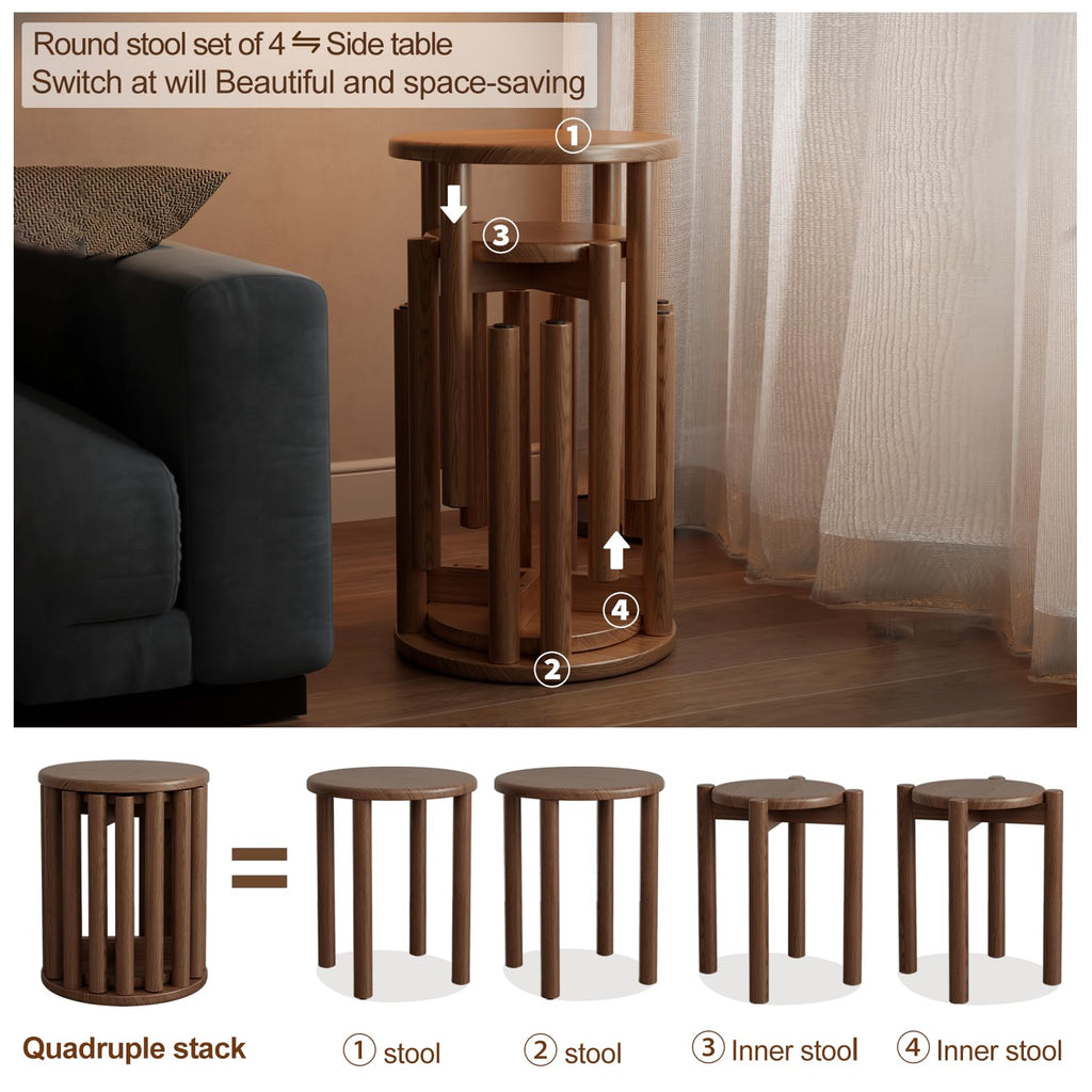 Solid Wood Stackable Stools Set of 4, 100% Wooden Stool No Installation Required Walnut Side Table Multifunctional Space Saving 18 Inch Round