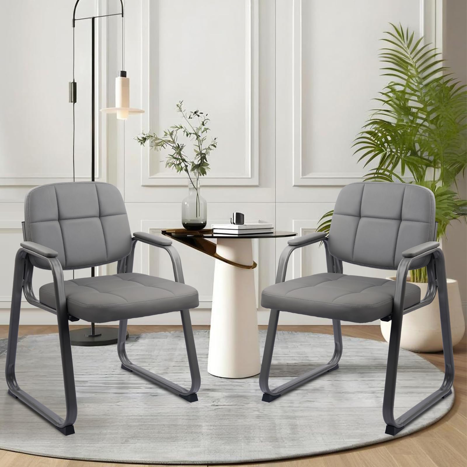 Clatina Leather Guest Chair with Sled Base, Office Reception with Padded Arms, Desk Chair for Office Conference Waiting Room School, Grey