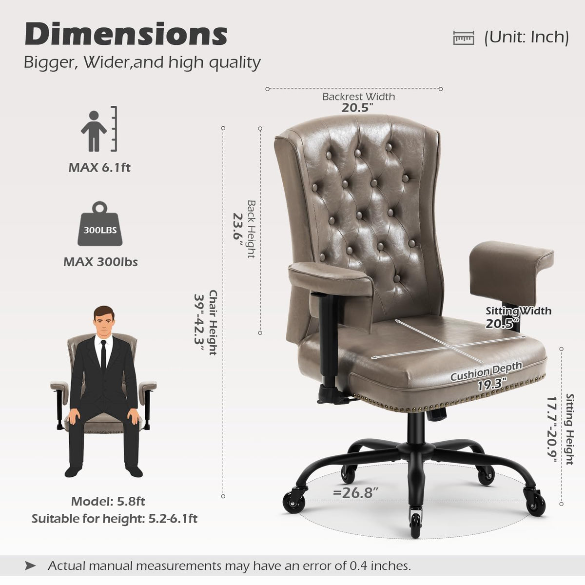 Yamasoro Ergonomic Executive Office Chair with Wheels and Arms, Tufted Back & Nailhead Trim, Home Office Desk Chairs for Home & Office, Faux