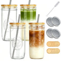 24 oz Glass Cups with Bamboo Lids and Straws, Thickened Glass Tumbler with 2 Lids (Bamboo & Sealing) - 4 Pack Wide Mouth Vintage Baroque Embossed Mason Jar Cup for Iced Coffee Smoothie Matcha Juice