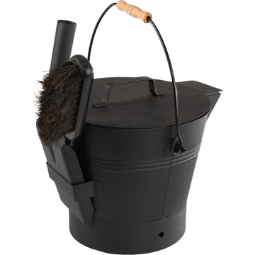 Wakeman Ash Bucket - Metal Bucket with Lid (2.11-Gallon), Broom, and Shovel for Fireplace or Firepit Ashes - Fireplace Tools (Black) - 1 Count