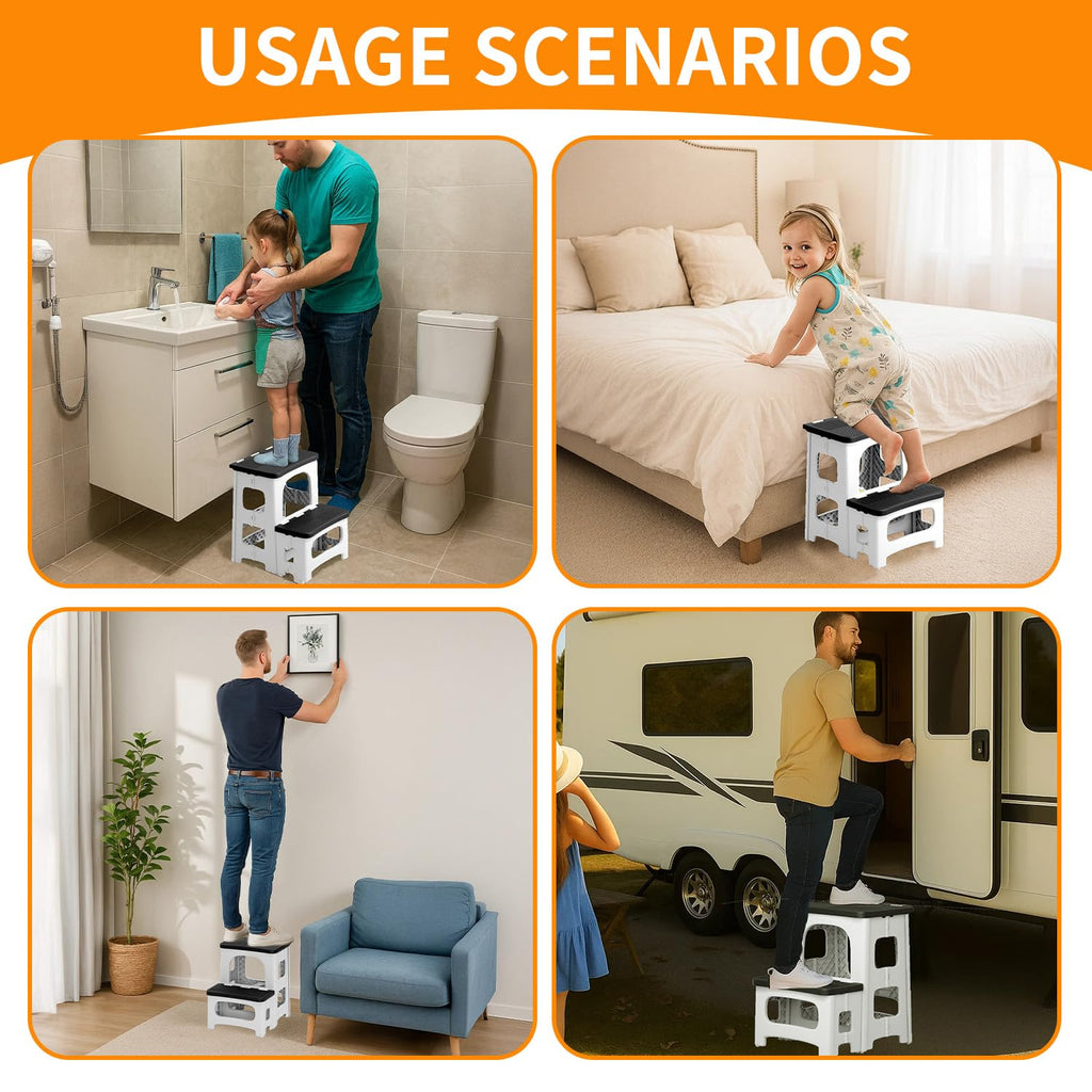 2 Step Stool Foldable, Non-slip Steps, Folding Step Stool for Adults & Kids, Plastic Stool Pool Ladder, Collapsible Stools 2 Step Ladder for